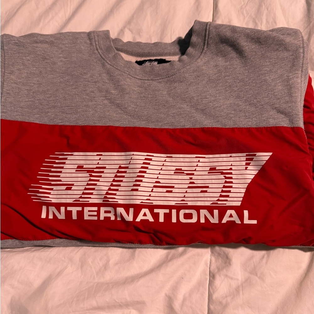 Stussy Red and Gray Crewneck Sweater